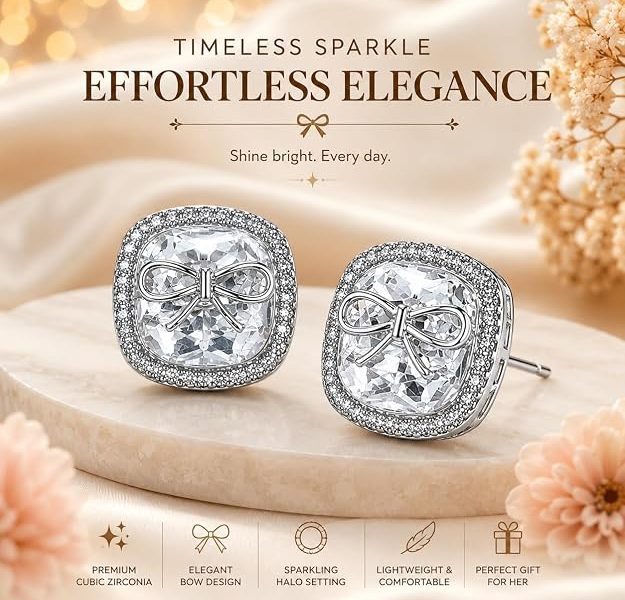 Elegant Silver Bow Crystal Stud Earrings for Women & Girls | Square Cubic Zirconia Earrings | Sparkling American Diamond Studs | Elegant Party, Wedding, Office & Daily Wear Jewelry Gift