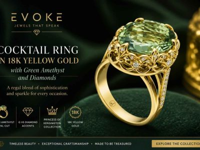 18K Yellow Gold Cocktail Ring with Green Amethyst & Diamonds | Designer Ring