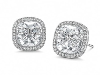 Elegant Silver Bow Crystal Stud Earrings for Women & Girls | Square Cubic Zirconia Earrings | Sparkling American Diamond Studs | Elegant Party, Wedding, Office & Daily Wear Jewelry Gift