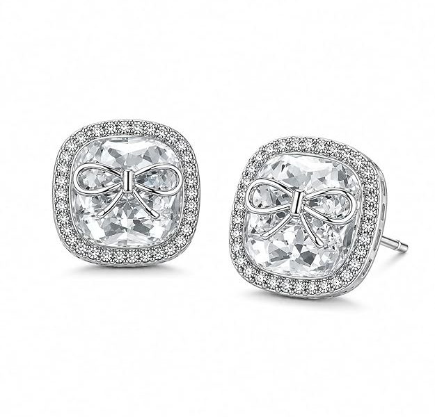 Elegant Silver Bow Crystal Stud Earrings for Women & Girls | Square Cubic Zirconia Earrings | Sparkling American Diamond Studs | Elegant Party, Wedding, Office & Daily Wear Jewelry Gift