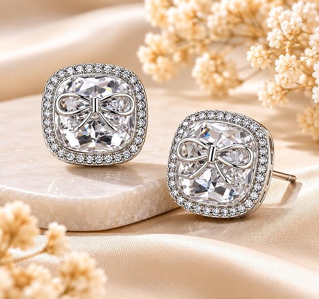 Elegant Silver Bow Crystal Stud Earrings for Women & Girls | Square Cubic Zirconia Earrings | Sparkling American Diamond Studs | Elegant Party, Wedding, Office & Daily Wear Jewelry Gift