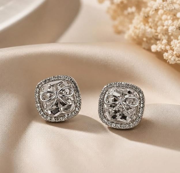 Elegant Silver Bow Crystal Stud Earrings for Women & Girls | Square Cubic Zirconia Earrings | Sparkling American Diamond Studs | Elegant Party, Wedding, Office & Daily Wear Jewelry Gift
