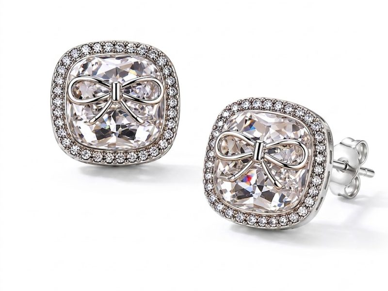 Elegant Silver Bow Crystal Stud Earrings for Women & Girls | Square Cubic Zirconia Earrings | Sparkling American Diamond Studs | Elegant Party, Wedding, Office & Daily Wear Jewelry Gift