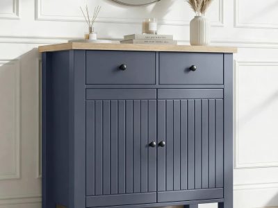 Linra Blue Painted 2 Door Sideboard with Drawers, Oak Top, W80 x D39.5 x H81cm