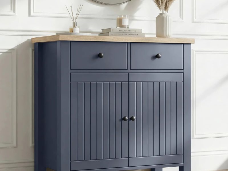 Linra Blue Painted 2 Door Sideboard with Drawers, Oak Top, W80 x D39.5 x H81cm