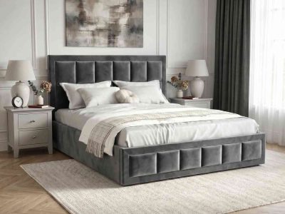 Grey and Beige Velvet Ottoman Bed With End-Lift Storage