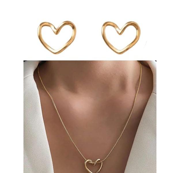 Essence of Love Heart Jewellery Set - Open Heart Necklace with Matching Stud Earrings - 18K Gold Plated Anti Tarnish Jewelry