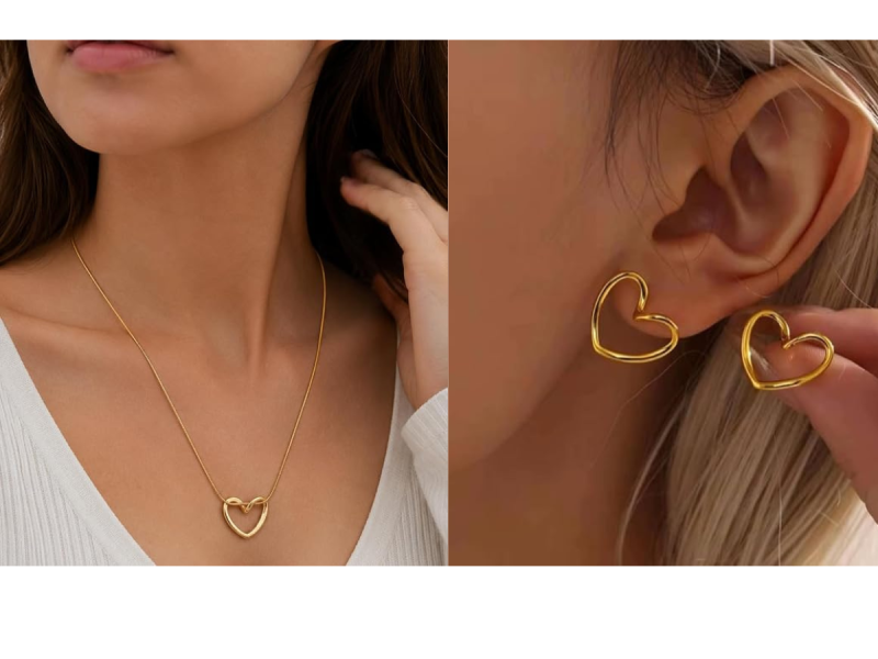 Essence of Love Heart Jewellery Set - Open Heart Necklace with Matching Stud Earrings - 18K Gold Plated Anti Tarnish Jewelry
