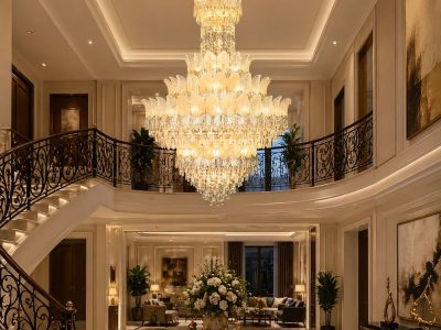 Luxury Duplex Chandeliers in India – Double Height & Staircase Lighting