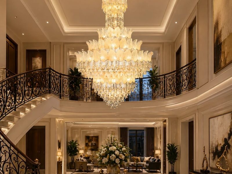 Luxury Duplex Chandeliers in India – Double Height & Staircase Lighting