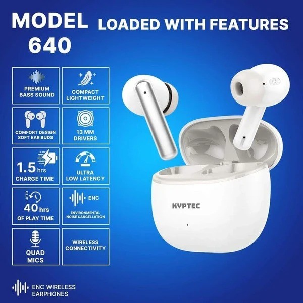 Kyptec LifeStyle® 640 ENC Wireless Earbuds with Quad Mic, 13mm Drivers and 40H Battery
