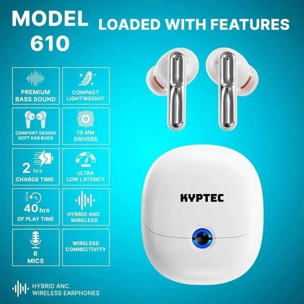 Kyptec LifeStyle® 610 Hybrid ANC Wireless Earbuds with 6 Mics and 40H Playtime