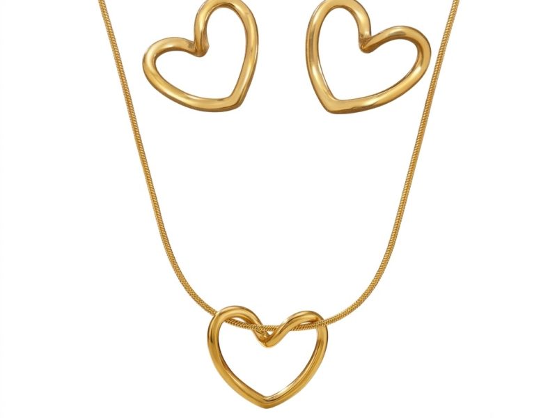 Essence of Love Heart Jewellery Set - Open Heart Necklace with Matching Stud Earrings - 18K Gold Plated Anti Tarnish Jewelry