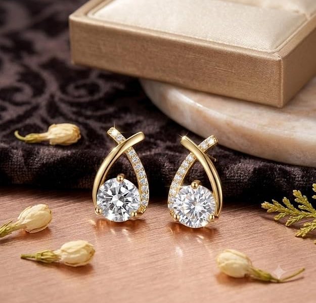 Elegantra 18K Gold Plated Cross Teardrop Stud Earrings | Sparkling Cubic Zirconia Crystal Drop Earrings for Women | Elegant Wedding, Bridal & Everyday Fashion Jewelry Gift