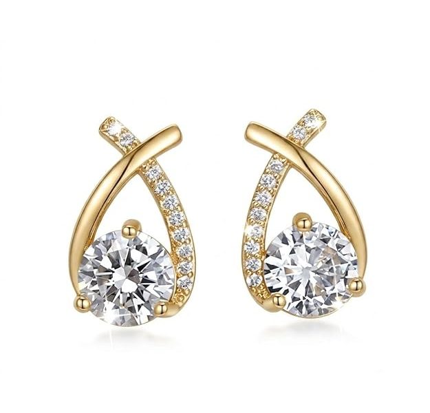 Elegantra 18K Gold Plated Cross Teardrop Stud Earrings | Sparkling Cubic Zirconia Crystal Drop Earrings for Women | Elegant Wedding, Bridal & Everyday Fashion Jewelry Gift