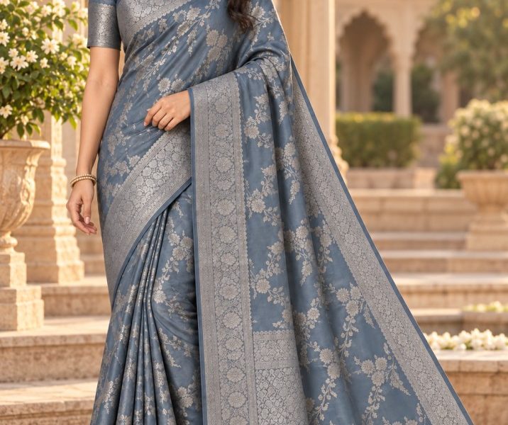 Traditional Slate Blue Saree with Silver Zari | Indian Outfits for Women Misato Lifestyle