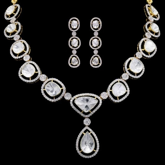 Polki with Round Diamonds Harmony Necklace Set | Elegant Jewellery