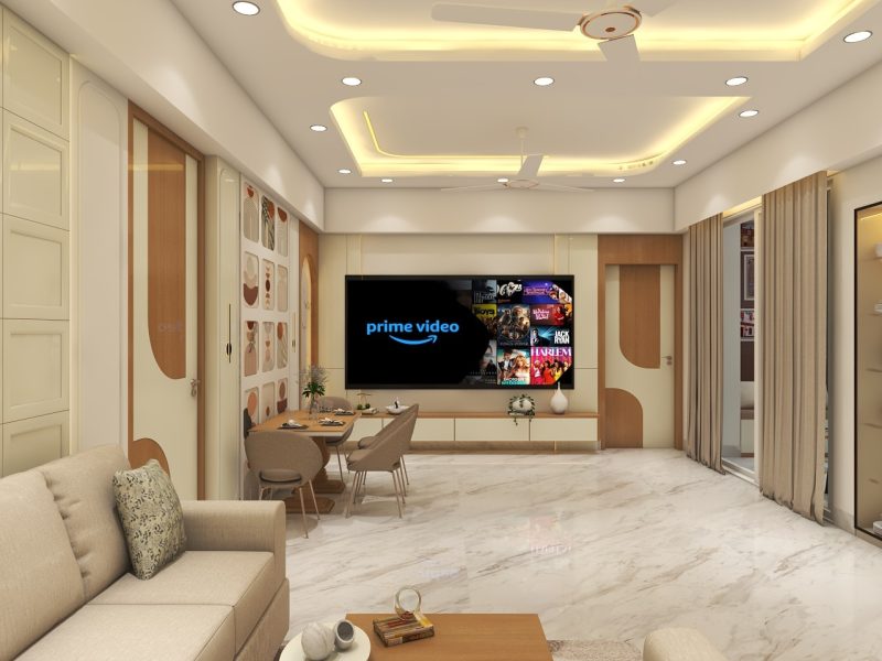 Modern Living & Dining Room Design with Gold Accents | Kolkata