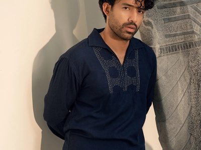 Handcrafted Embroidered Neckline Shirt, Relaxed Fit | Dhirago