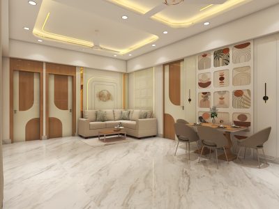 Modern Living & Dining Room Design with Gold Accents | Kolkata