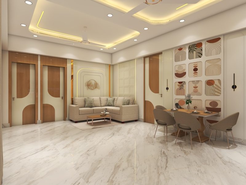 Modern Living & Dining Room Design with Gold Accents | Kolkata