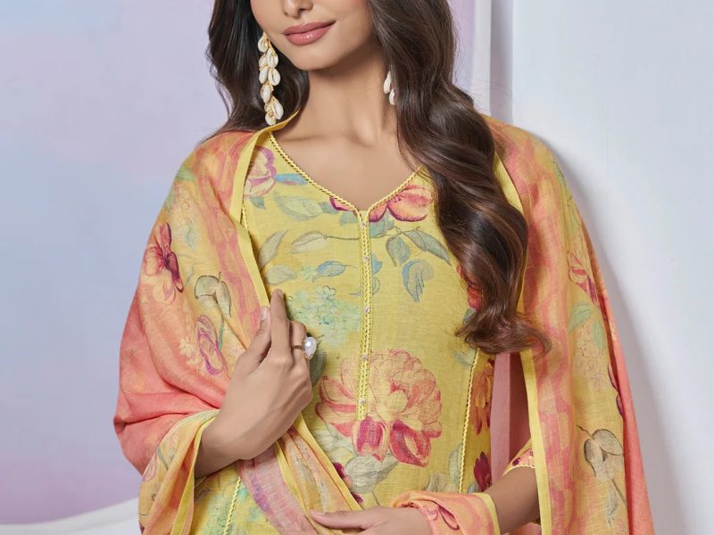 Buy Seerat Yellow Printed Yoke Linen Kurta Set Online