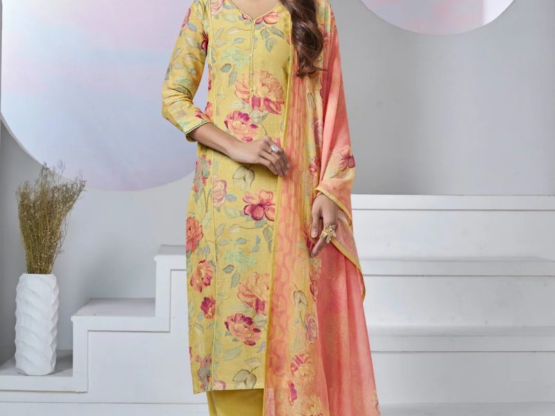 Buy Seerat Yellow Printed Yoke Linen Kurta Set Online