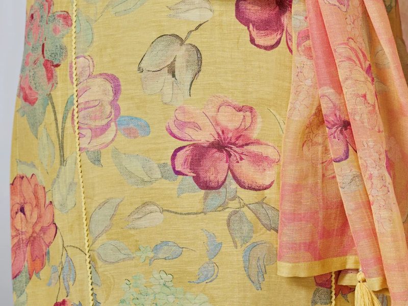 Buy Seerat Yellow Printed Yoke Linen Kurta Set Online